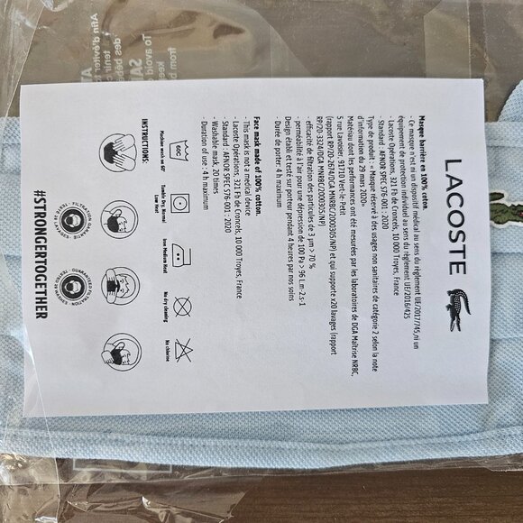NWT LACOSTE Light Blue Pique Cotton Ear Loop Face Mask W/ Pouch Unisex One Size - Picture 2 of 9